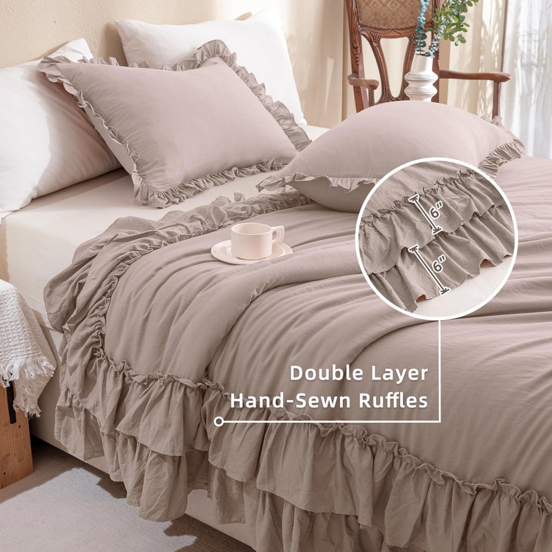 QSH Shabby Ruffled Comforter Set 3 Pieces, Lightweight Taupe Bed Comforter,Microfiber Inner Fill Bedding King Size - Image 5